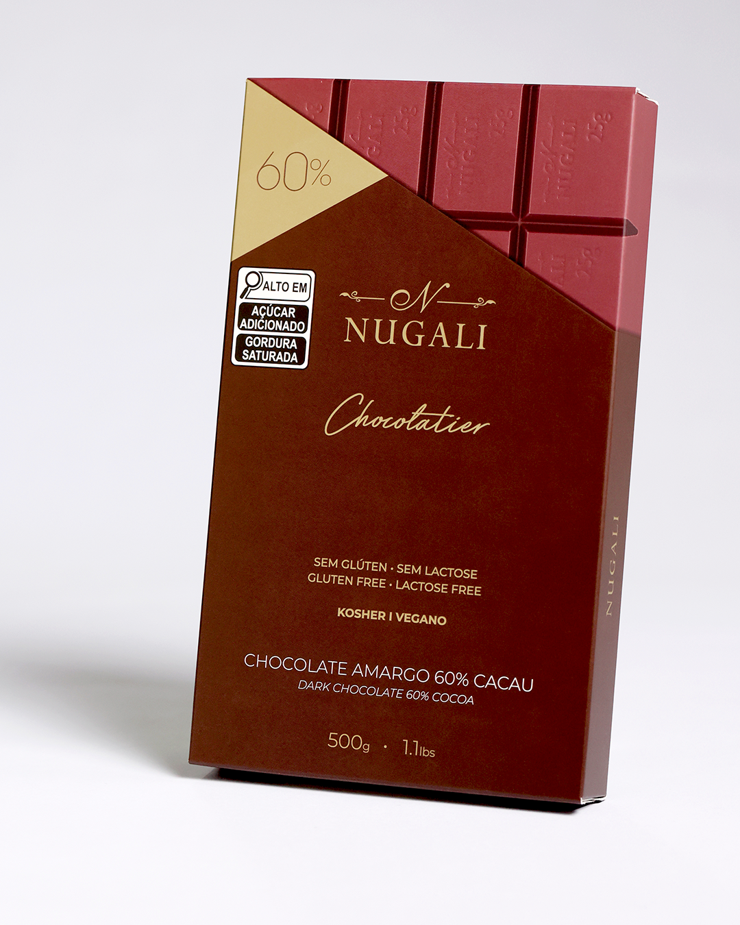 Chocolate amargo 60% cacau, saudável, sem ingredientes de origem animal, sem conservantes, corantes ou aromatizantes artificiais. Sem glúten, sem lactose. Certificado Vegano e Kosher.
