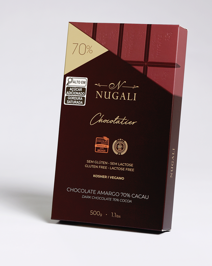 Chocolate amargo 70% cacau, saudável, sem ingredientes de origem animal, sem conservantes, corantes ou aromatizantes artificiais. Sem glúten, sem lactose. Fonte de fibras, Certificado Vegano e Kosher