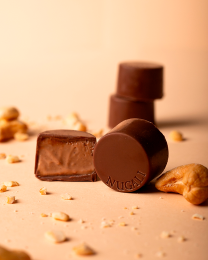 Caixa de bombons de chocolate ao leite premium com recheio cremoso de castanha de caju, sabor, qualidade e responsabilidade em cada detalhe.