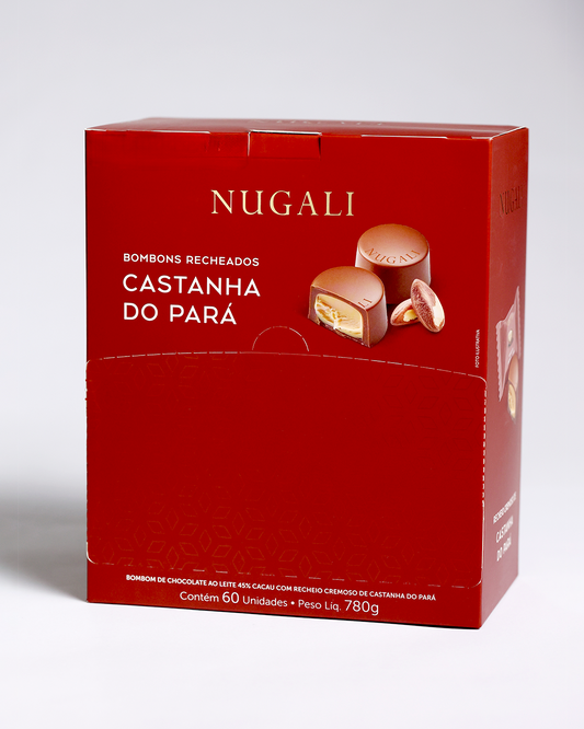 Bombons de castanha-do-pará Nugali, com recheio cremoso e chocolate ao leite, perfeitos para presentear ou desfrutar momentos especiais.