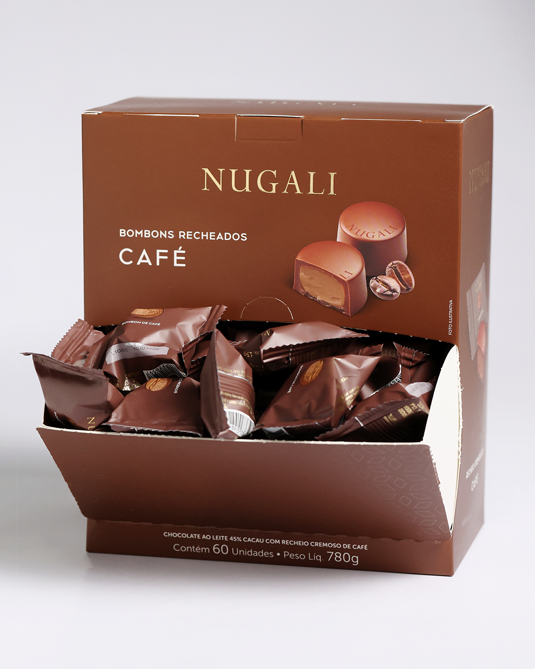Caixa de bombons de café Nugali com chocolate ao leite cremoso, ideal para presentear ou degustar momentos especiais.