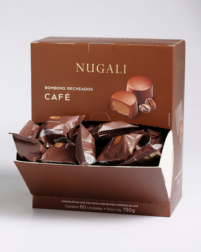 Caixa de bombons de café Nugali com chocolate ao leite cremoso, ideal para presentear ou degustar momentos especiais.