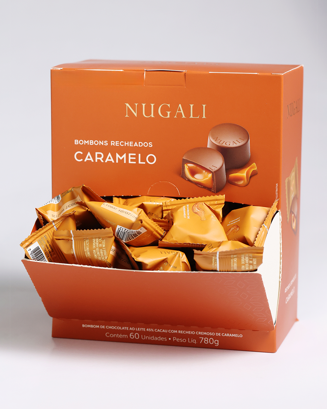 Deliciosos bombons de caramelo Nugali em chocolate ao leite, opção gourmet para momentos especiais.