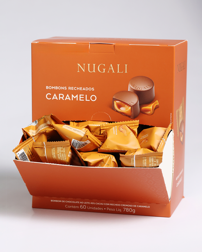 Deliciosos bombons de caramelo Nugali em chocolate ao leite, opção gourmet para momentos especiais.