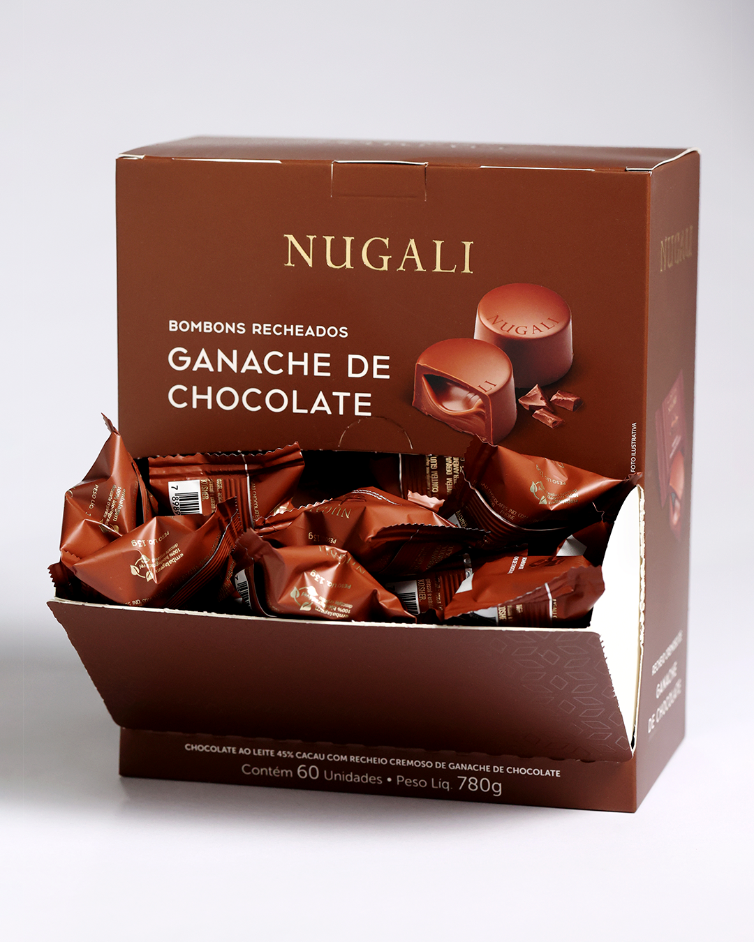 Bombons Nugali com ganache cremoso de chocolate premium, proporcionando uma experiência de sabor irresistível.