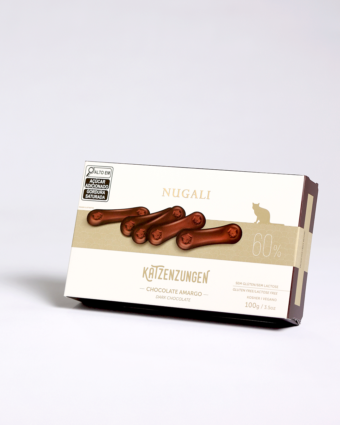 Katzenzungen Chocolate Amargo 60% se destaca pela sua pureza. Receita é totalmente livre de ingredientes de origem animal, não contém lactose nem qualquer derivado de leite, sendo uma excelente opção para pessoas com intolerância à lactose ou alergia à proteína do leite, além de atender quem segue uma alimentação vegana.