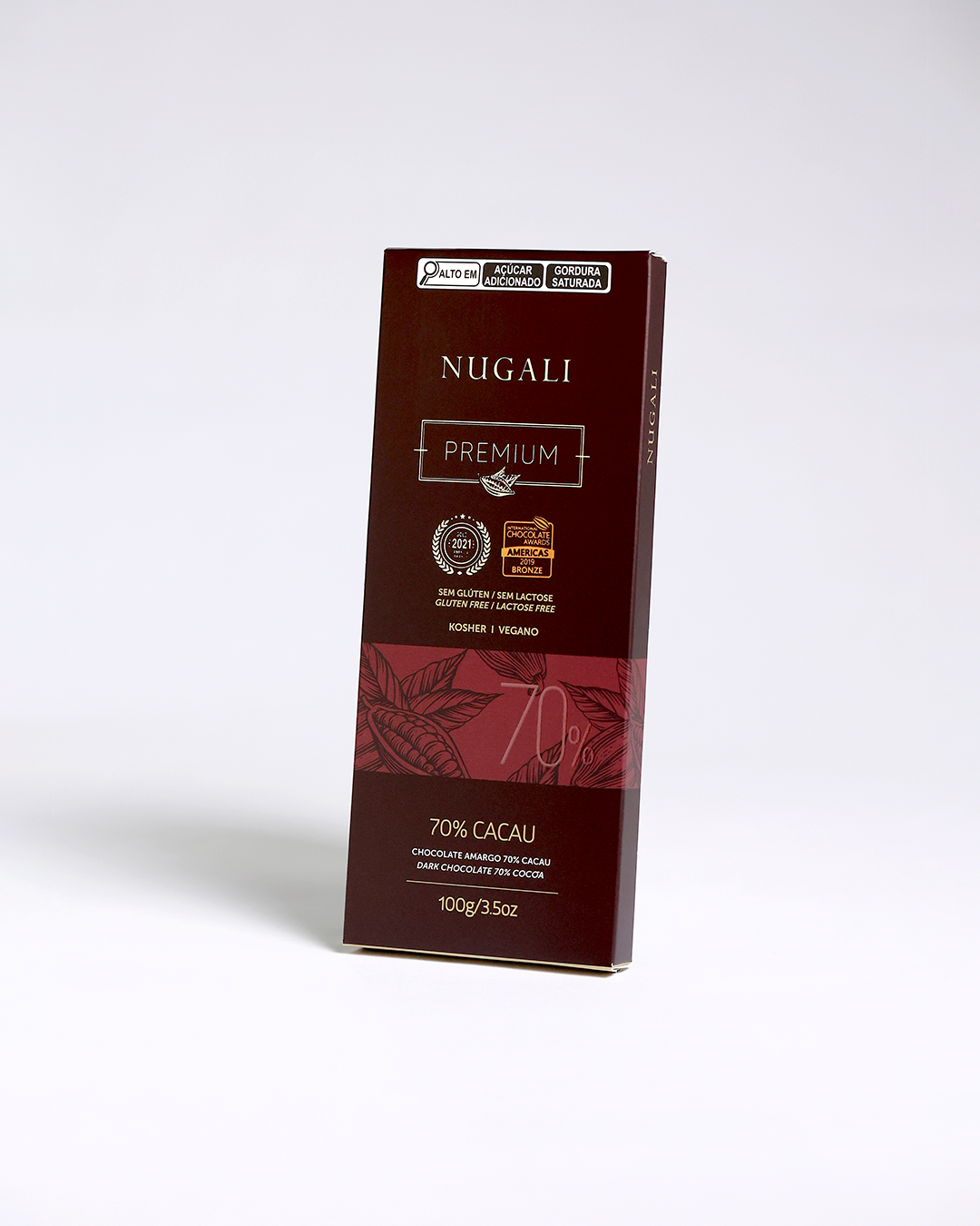 Chocolate Amargo 70% Nugali produzido com cacau brasileiro gourmet, sabor intenso e equilibrado, premiado internacionalmente, sem glúten, sem lactose e certificado vegano.