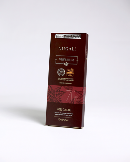 Chocolate Amargo 70% Nugali produzido com cacau brasileiro gourmet, sabor intenso e equilibrado, premiado internacionalmente, sem glúten, sem lactose e certificado vegano.