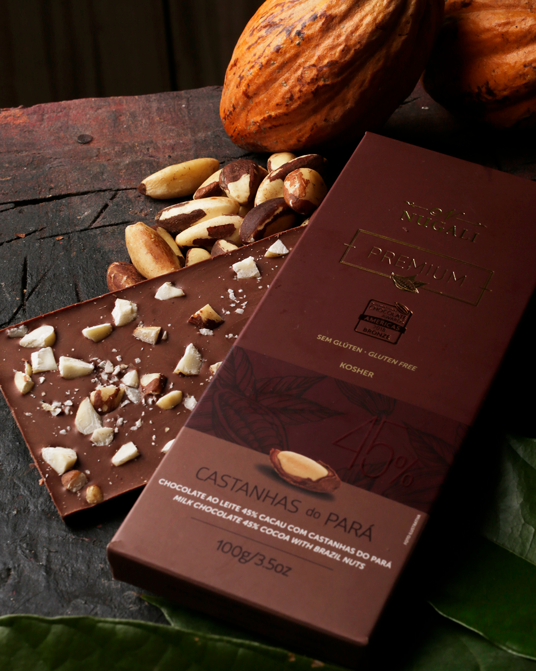Chocolate premium Nugali com castanhas-do-Pará e sabor brasileiro.