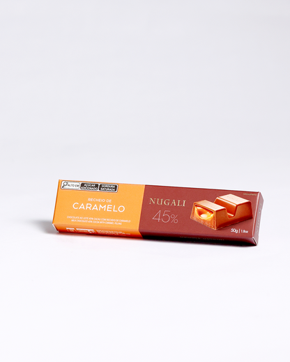 Tablete de chocolate ao leite com recheio de caramelo artesanal, cremoso e certificado Kosher.